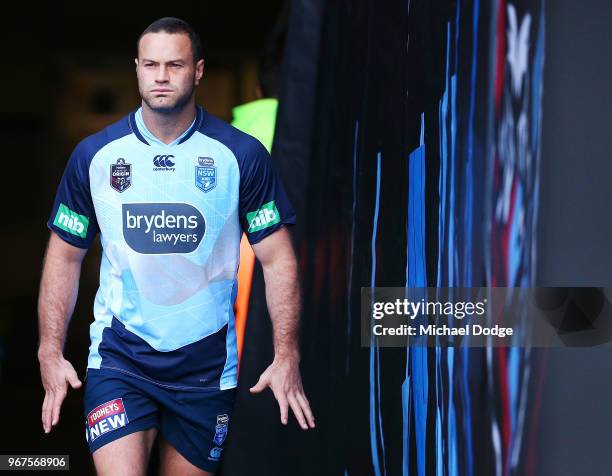 Boyd Cordner of the Blues walks out during a New South Wales Blues State of Origin Captain's Run at the Melbourne Cricket Ground on June 5, 2018 in...