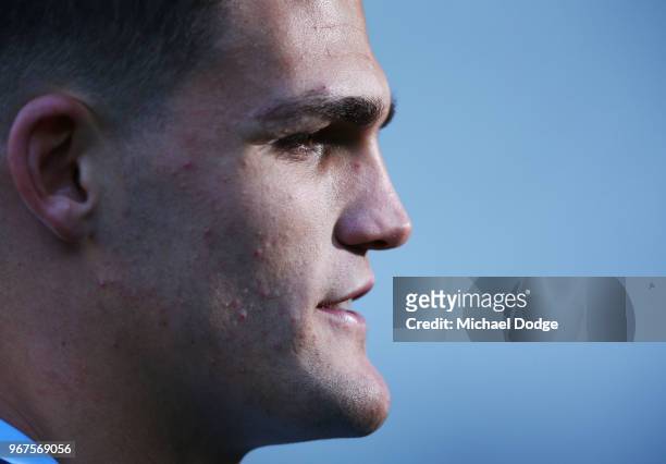 Nathan Cleary speaks to media during a New South Wales Blues State of Origin Captain's Run at the Melbourne Cricket Ground on June 5, 2018 in...