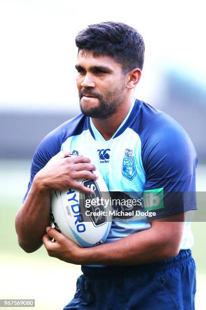 Tyrone Peachy of the Blues looks upfield during a New South Wales Blues State of Origin Captain's Run at the Melbourne Cricket Ground on June 5, 2018...