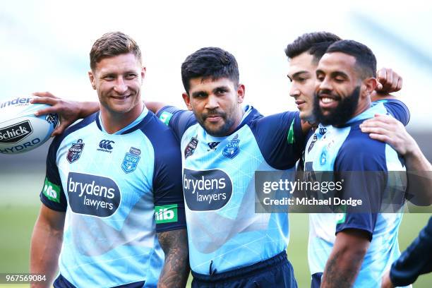 Tariq Sims, Tyrone Peachy, Nick Cotric and Josh Addo-Carr of the Blues look upfield during a New South Wales Blues State of Origin Captain's Run at...
