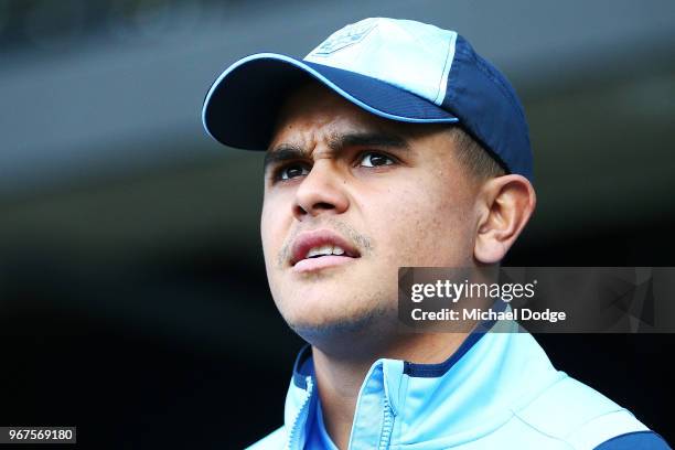 Latrell Mitchell of the Blues walks out during a New South Wales Blues State of Origin Captain's Run at the Melbourne Cricket Ground on June 5, 2018...