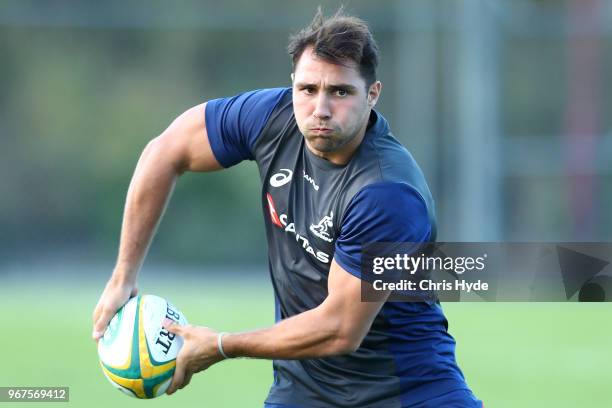 Nick Phipps passes during an Australian Wallabies training session at Ballymore Stadium on June 5, 2018 in Brisbane, Australia.