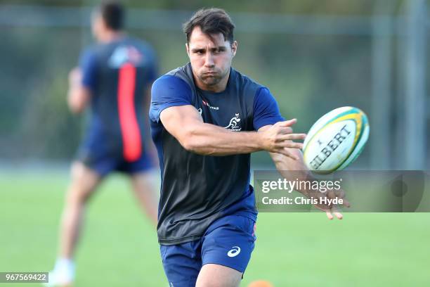 Nick Phipps passes during an Australian Wallabies training session at Ballymore Stadium on June 5, 2018 in Brisbane, Australia.