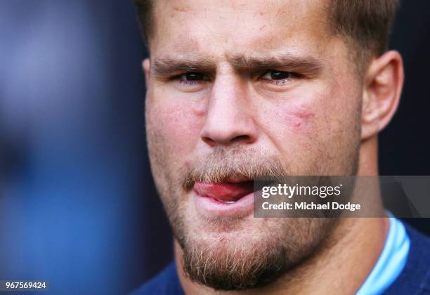 Jack de Belin during a New South Wales Blues State of Origin Captain's Run at the Melbourne Cricket Ground on June 5, 2018 in Melbourne, Australia.