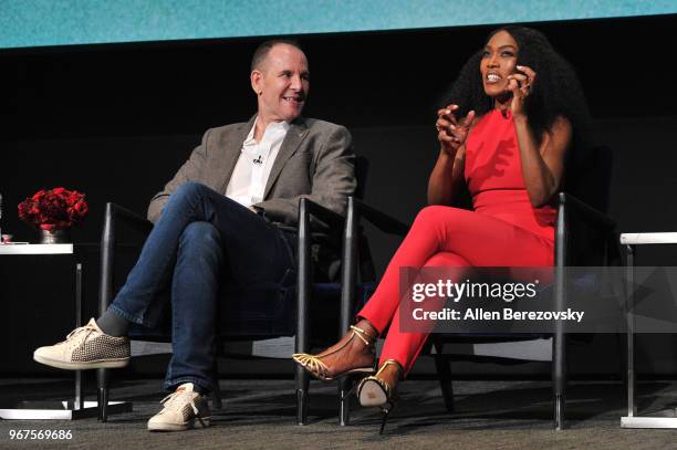 Actors Tim Minear and Angela Bassett speak at the FYC Panel for Fox's "9-1-1" at Saban Media Center on June 4, 2018 in North Hollywood, California.