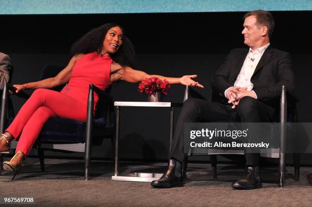 Actors Angela Bassett and Peter Krause speak at the FYC Panel for Fox's "9-1-1" at Saban Media Center on June 4, 2018 in North Hollywood, California.