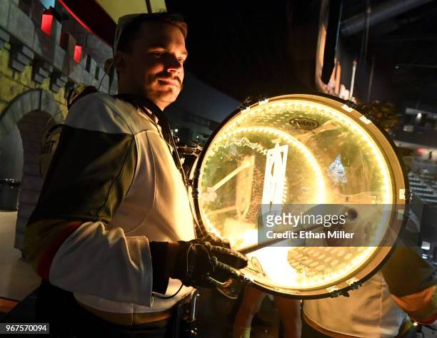Member of the Vegas Golden Knights Knight Line Drumbots performs in the Castle during a Golden Knights road game watch party for Game Four of the...