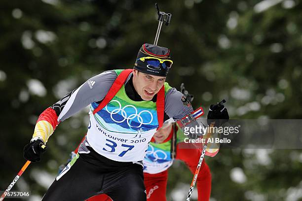 Arnd Peiffer of Germany competes during the Men's Biathlon 12.5km Pursuit on day 5 of the 2010 Vancouver Winter Olympics at Whistler Olympic Park...