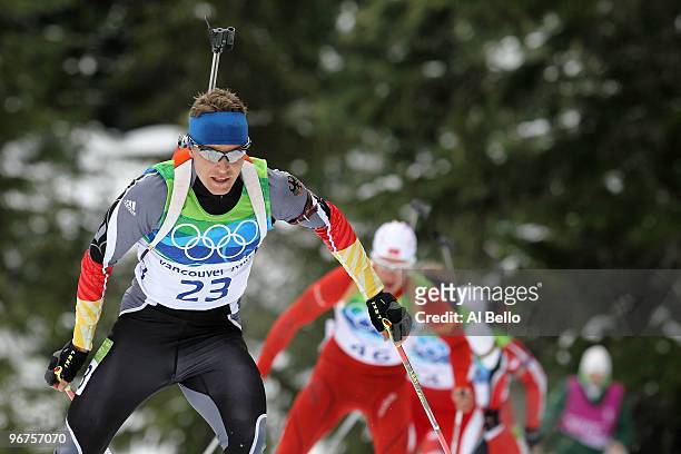 Andreas Birnbacher of Germany competes during the Men's Biathlon 12.5km Pursuit on day 5 of the 2010 Vancouver Winter Olympics at Whistler Olympic...