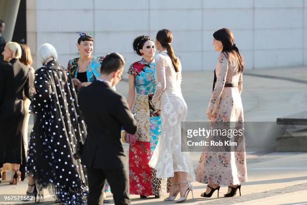 Mia Moretti, Stacey Bendet and Lily Aldridge arrive for the 2018 CFDA Fashion Awards at Brooklyn Museum on June 4, 2018 in New York City.