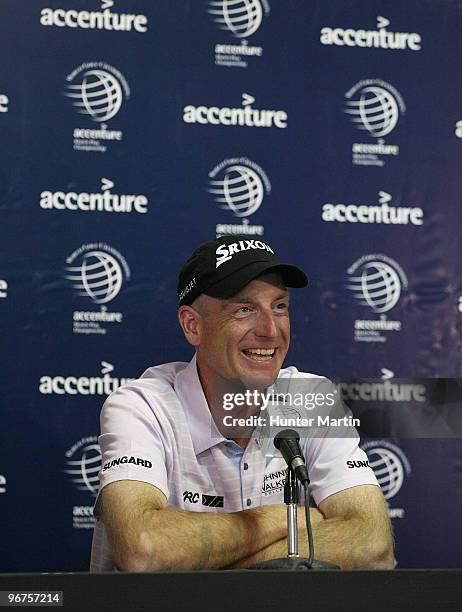 Jim Furyk address the media after finishing the second practice round prior to the start of the Accenture Match Play Championship at the Ritz-Carlton...