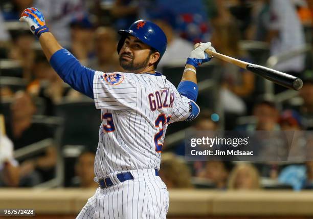 Adrian Gonzalez of the New York Mets in action against the Chicago Cubs at Citi Field on June 2, 2018 in the Flushing neighborhood of the Queens...