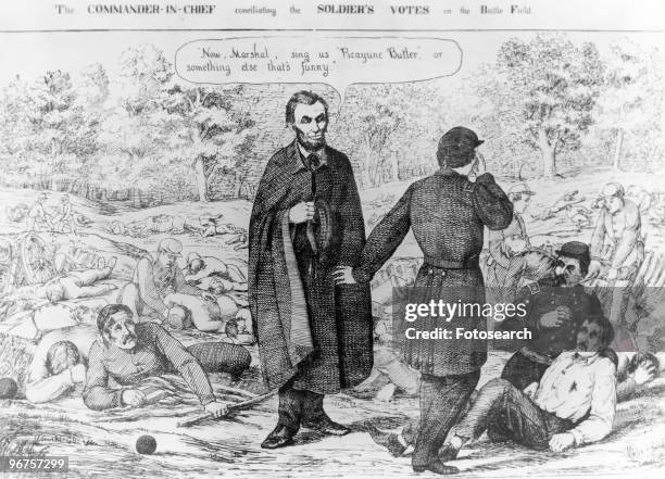 Cartoon with the caption 'The Commander-in-Chief Conciliating the Soldiers Votes on the battle field,' depicting Abrahm Lincoln wearing a cloak and...