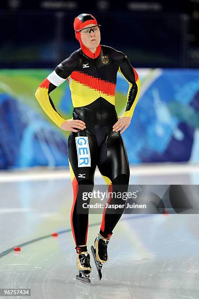 Jenny Wolf of Germany looks on after she competes in the women's speed skating 500 m on day five of the Vancouver 2010 Winter Olympics at Richmond...