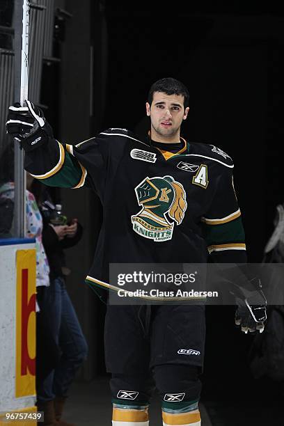 Nazem Kadri of the London Knights salutes the crowd after being named the game's 1st star in a game against the Sudbury Wolves on February 14, 2010...