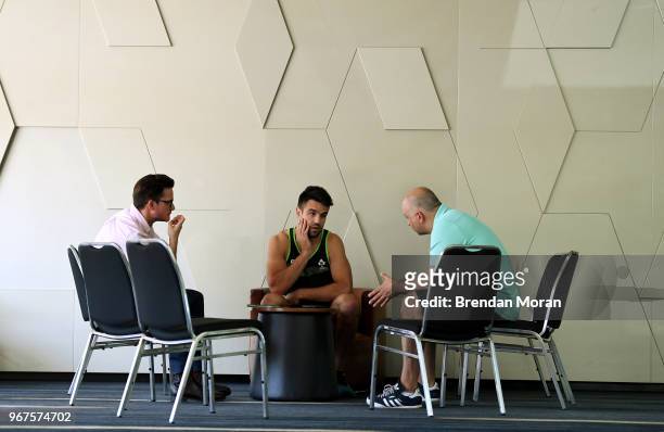 Queensland , Australia - 5 June 2018; Conor Murray speaks to the media during an Ireland rugby press conference at Royal Pines Resort in Queensland,...