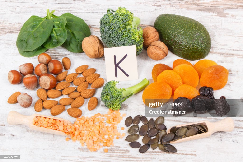 Fruits and vegetables containing vitamin K, minerals and dietary fiber, healthy nutrition concept