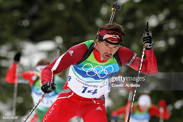 Ilmars Bricis of Latvia competes during the Men's Biathlon 12.5km Pursuit on day 5 of the 2010 Vancouver Winter Olympics at Whistler Olympic Park...