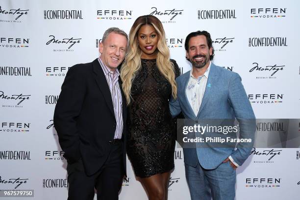 Spencer Beck, Laverne Cox, and Chris Gialanella attend the Los Angeles Confidential Celebration for Portraits of Pride with GLAAD and Laverne Cox on...