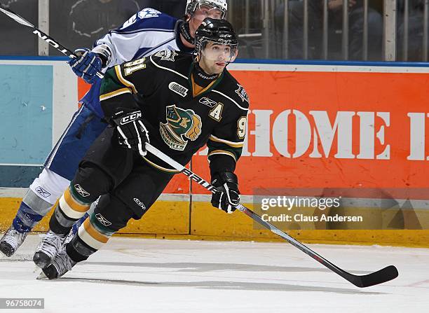 Nazem Kadri of the London Knights skates in a game against the Sudbury Wolves on February 14, 2010 at the John Labatt Centre in London, Ontario. The...