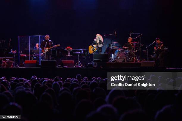 Musicians Stephen Stills and Judy Collins perform on stage at Humphrey's on June 4, 2018 in San Diego, California.