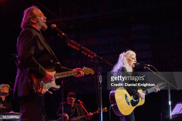 Musicians Stephen Stills and Judy Collins perform on stage at Humphrey's on June 4, 2018 in San Diego, California.