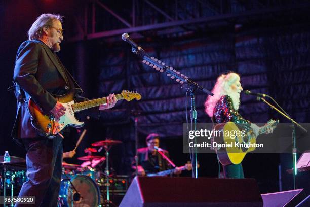 Musicians Stephen Stills and Judy Collins perform on stage at Humphrey's on June 4, 2018 in San Diego, California.