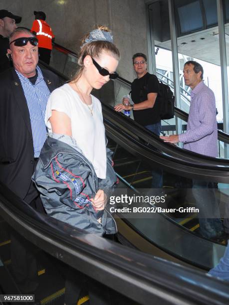 Behati Prinsloo is seen at 'Los Angeles International Airport' on June 04, 2018 in Los Angeles, California.