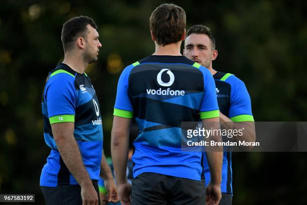 Queensland , Australia - 5 June 2018; Ireland players, from left, Tadhg Beirne, Iain Henderson and Jack Conan during rugby squad training at Royal...