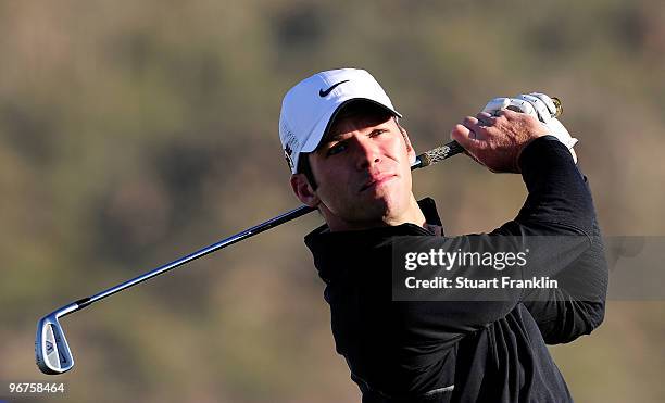 Paul Casey of England hits a shot during the second practice round prior to the start of the Accenture Match Play Championship at the Ritz-Carlton...