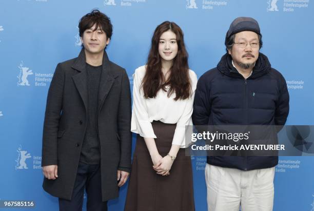 Actor Lee Sunkyun, actress Jung Eunchae and director Hong Sangsoo, for the movie 'Nobody's Daughter Haewon' during the 63rd Berlinale International...