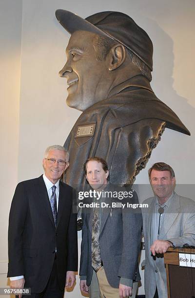 Television news anchor Fritz Coleman, Morgan Lindbergh, great-grandson of Charles A. Lindbergh, and sculptor Don F. Wiegand attend the unveiling of...