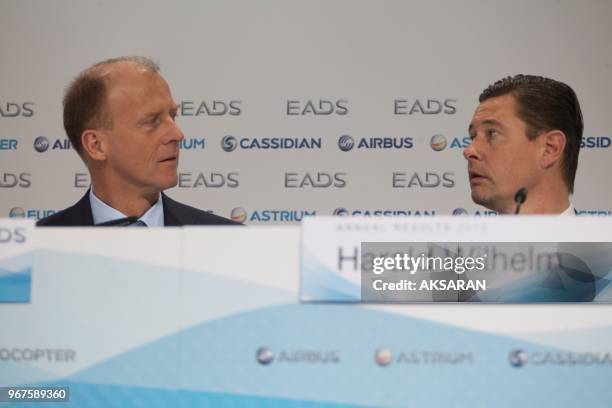 Harald Wilhem, EADS CFO and Tom Enders EADS CEO attend the annual news conference in Berlin February 27, 2013. The European aerospace group EADS is...