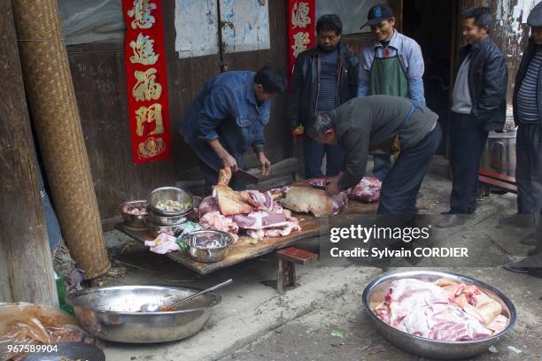 Chine, province du Guizhou, village de Shiqiao, ethnie des Hans, preparation d'un repas dans la rue a l'occasion d'un enterrement. China, Guizhou...