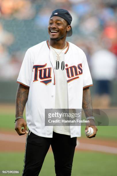 Stefon Diggs of the Minnesota Vikings looks on before the game between the Minnesota Twins and the Cleveland Indians on June 1, 2018 at Target Field...