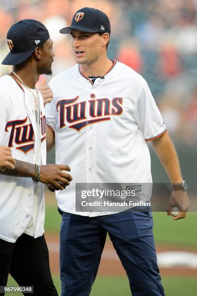 Kirk Cousins of the Minnesota Vikings looks on before the game between the Minnesota Twins and the Cleveland Indians on June 1, 2018 at Target Field...