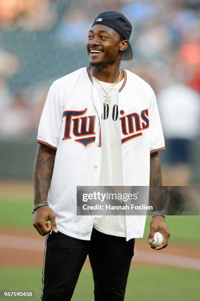 Stefon Diggs of the Minnesota Vikings looks on before the game between the Minnesota Twins and the Cleveland Indians on June 1, 2018 at Target Field...