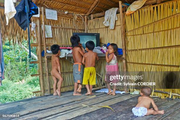 Amérique du Sud, Brésil,état d'Amazonas, bassin du fleuve Amazone, indien Apurina, enfants regardant un poste de télévision éteint.