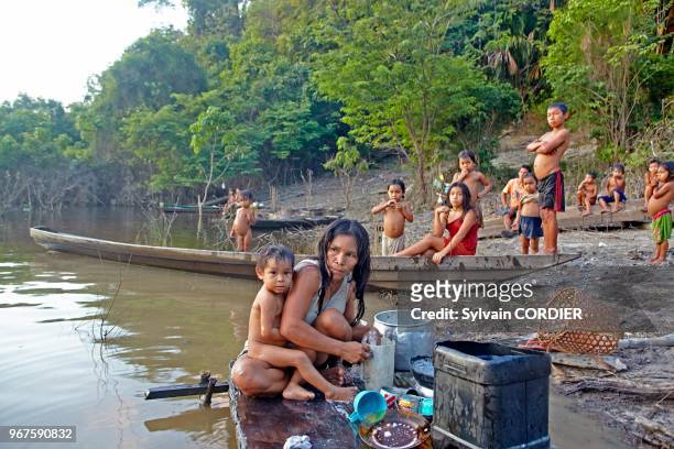 Amérique du Sud, Brésil,état d'Amazonas, bassin du fleuve Amazone, indien Apurina, femme faisant la vaisselle au bord de la rivière.