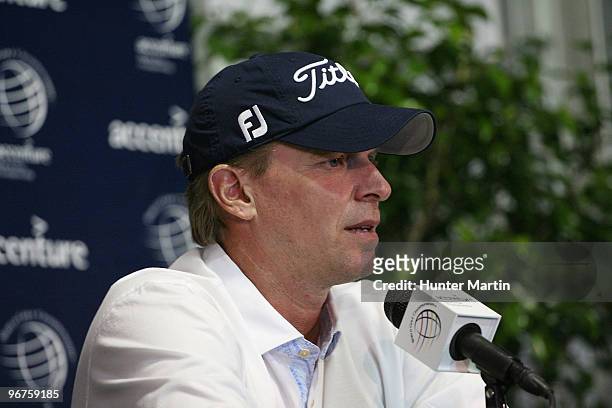 Steve Stricker address the media after the second practice round prior to the start of the Accenture Match Play Championship at the Ritz-Carlton Golf...