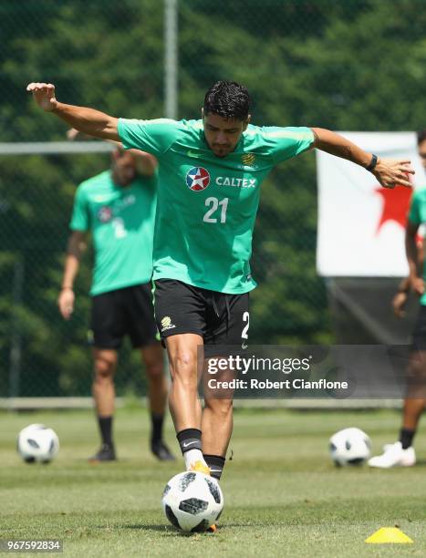 Dimitri Petratos of Australia controls the ball during the Australian Socceroos Training Session at Gloria Football Club on June 5, 2018 in Antalya,...