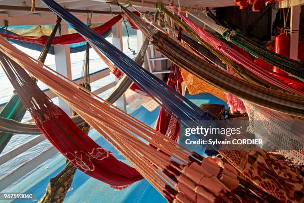 Amérique du Sud, Brésil,état d'Amazonas, bassin du fleuve Amazone, bateau effectuant la liaison Tapua-Manaus,les passagers installent des hamacs pour...