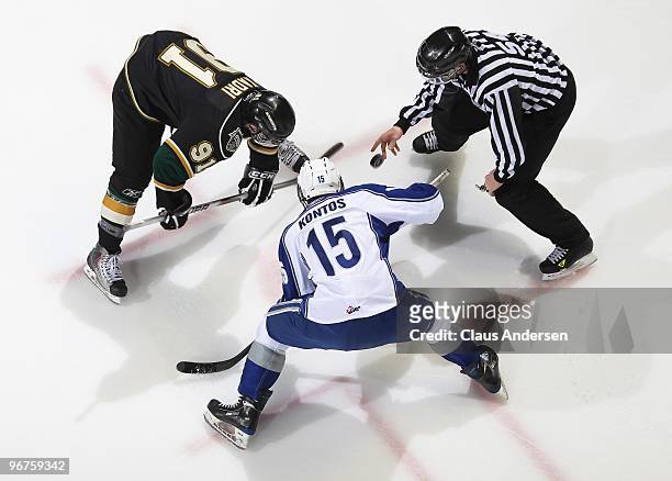 Kristoff Kontos of the Sudbury Wolves takes a faceoff against Nazem Kadri of the London Knights in a game on February 14, 2010 at the John Labatt...