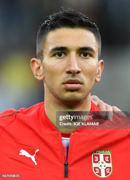 Serbia's Marko Grujic listens to his national anthem during the international friendly football match Serbia v Chile at the Merkur Arena in Graz,...