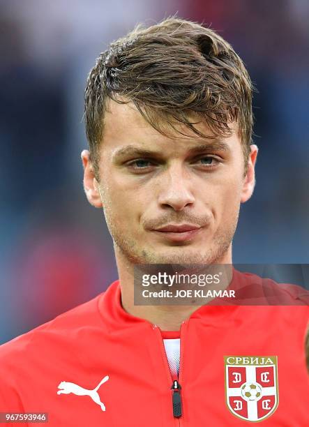 Serbia's Adem Ljajic listens to his national anthem during the international friendly football match Serbia v Chile at the Merkur Arena in Graz,...