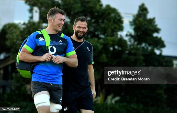 Queensland , Australia - 5 June 2018; Peter O'Mahony, left, arrives with Defence coach Andy Farrell for Ireland rugby squad training at Royal Pines...