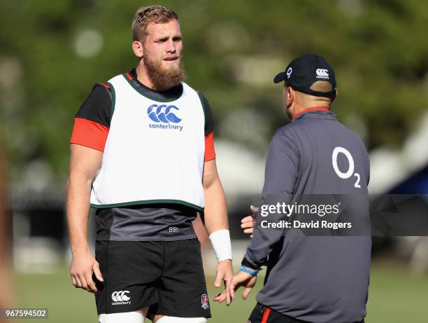 Brad Shields talks to head coach Eddie Jones during the England training session held at Kings Park Stadium on June 5, 2018 in Durban, South Africa.