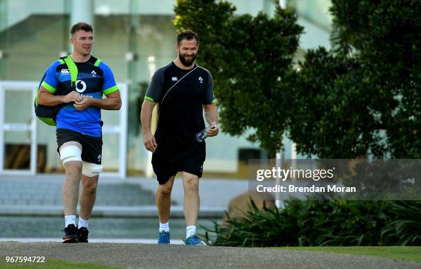 Queensland , Australia - 5 June 2018; Peter O'Mahony, left, arrives with Defence coach Andy Farrell for Ireland rugby squad training at Royal Pines...