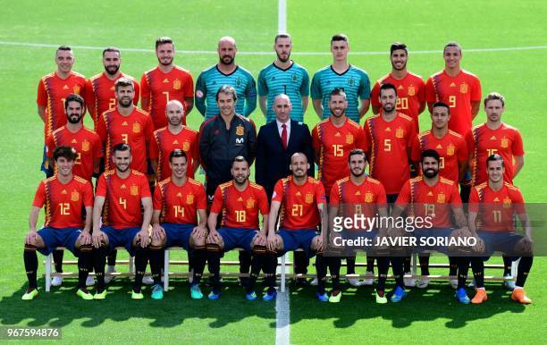 Spain's national football team squad pose at Las Rozas de Madrid sports city on June 5, 2018. Spain's forward Iago Aspas, Spain's defender Dani...