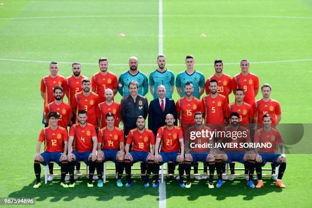 Spain's national football team squad pose at Las Rozas de Madrid sports city on June 5, 2018. Spain's forward Iago Aspas, Spain's defender Dani...